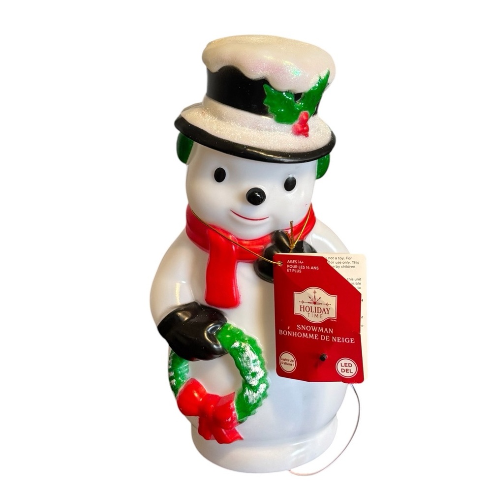 Holiday Time LED Light Up Snowman Wreath Holly Hat Christmas Tabletop Decoration
